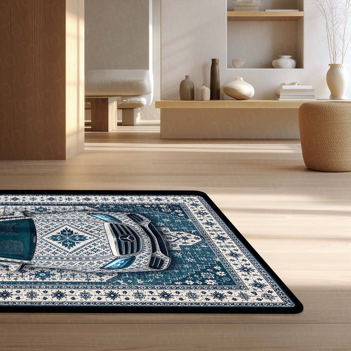 Mercedes Snowflake Pattern Area Flat Rug | Scandinavian Luxury Car Floor Mat | Nordic Blue Ceramic Style Flat Rug for Bedroom, Gaming Room & Modern Home Decor