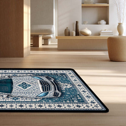 Mercedes Snowflake Pattern Area Flat Rug | Scandinavian Luxury Car Floor Mat | Nordic Blue Ceramic Style Flat Rug for Bedroom, Gaming Room & Modern Home Decor