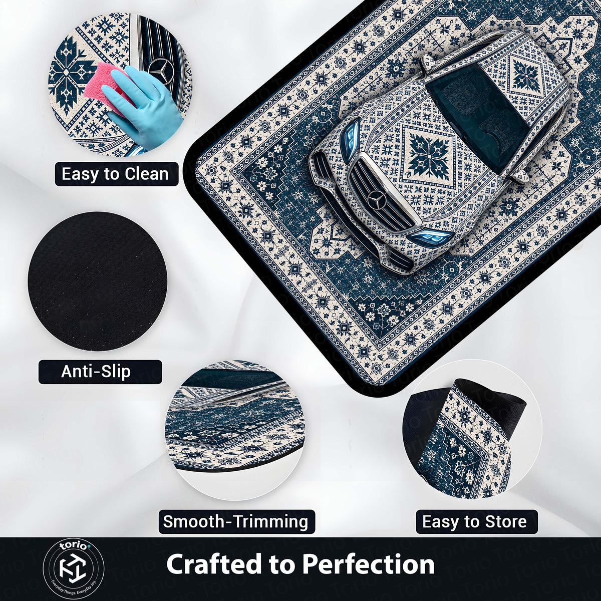 Mercedes Snowflake Pattern Area Flat Rug | Scandinavian Luxury Car Floor Mat | Nordic Blue Ceramic Style Flat Rug for Bedroom, Gaming Room & Modern Home Decor