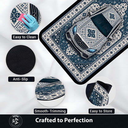 Mercedes Snowflake Pattern Area Flat Rug | Scandinavian Luxury Car Floor Mat | Nordic Blue Ceramic Style Flat Rug for Bedroom, Gaming Room & Modern Home Decor