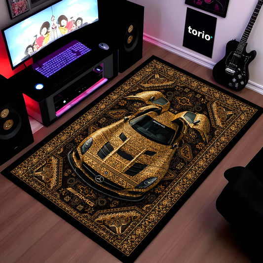 Mercedes-Benz AMG Persian Wrap Area Flat Rug | Luxury Supercar Floor Mat | Gold Arabian Pattern Automotive Flat Rug for Bedroom, Gaming Room, Garage & Car Enthusiast Decor
