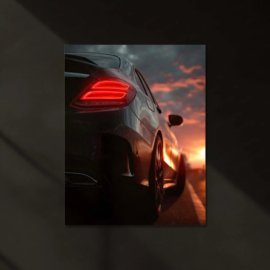 Mercedes Coupe – Sunset Drive Neon LED Metal Poster | Luxury Car Glow Art | Golden Hour Automotive Wall Frame - TURTLEWINGS