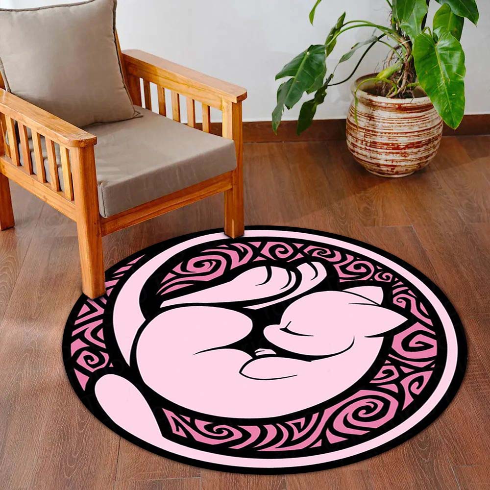 Mew Round Flat Rug | Pokémon Pink Anime Floor Mat | Cute Anti-Slip 3 mm Absorbent Circle Flat Rug for Bedroom, Gaming Room & Pokémon Fans