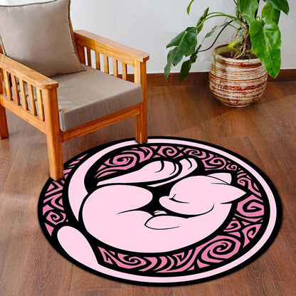 Mew Round Flat Rug | Pokémon Pink Anime Floor Mat | Cute Anti-Slip 3 mm Absorbent Circle Flat Rug for Bedroom, Gaming Room & Pokémon Fans