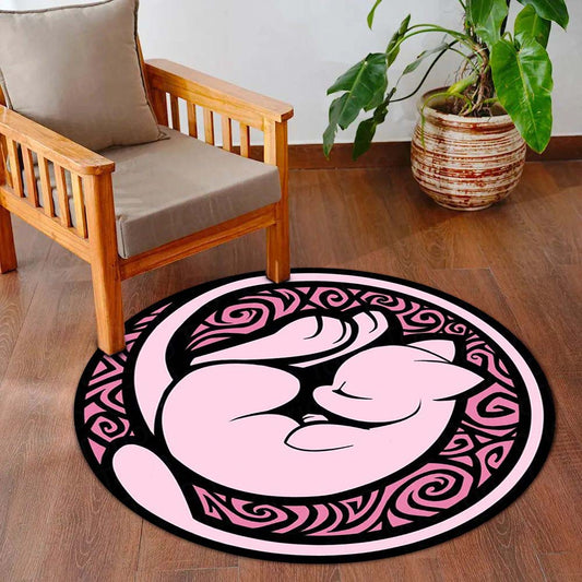 Mew Round Flat Rug | Pokémon Pink Anime Floor Mat | Cute Anti-Slip 3 mm Absorbent Circle Flat Rug for Bedroom, Gaming Room & Pokémon Fans