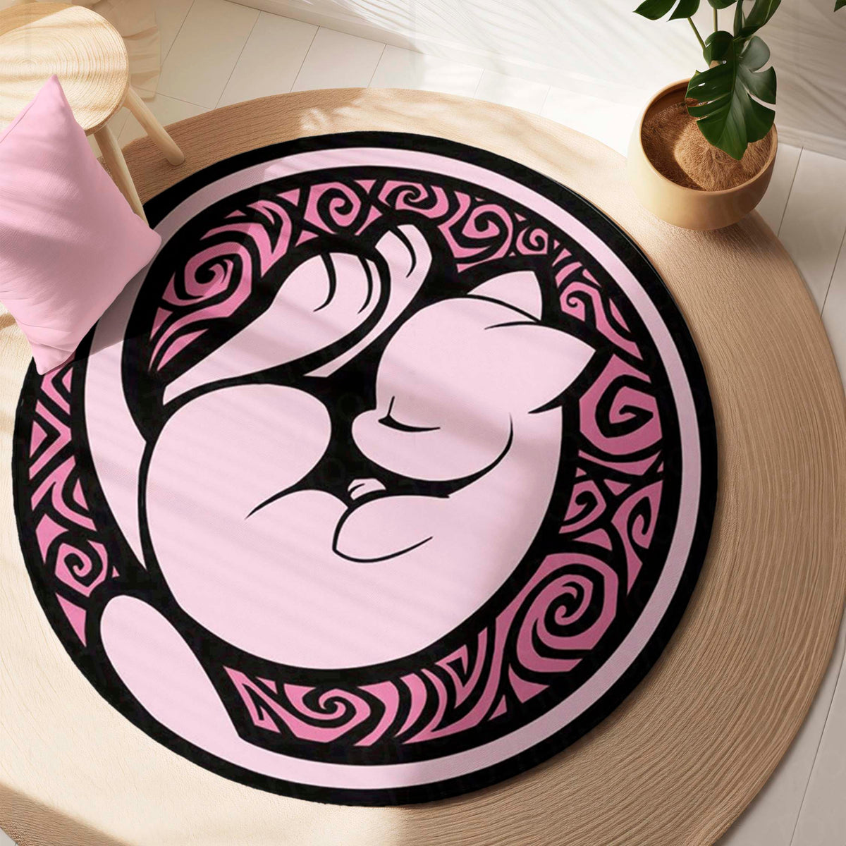 Mew Round Flat Rug | Pokémon Pink Anime Floor Mat | Cute Anti-Slip 3 mm Absorbent Circle Flat Rug for Bedroom, Gaming Room & Pokémon Fans