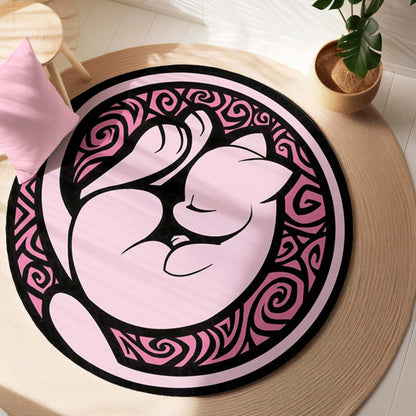 Mew Round Flat Rug | Pokémon Pink Anime Floor Mat | Cute Anti-Slip 3 mm Absorbent Circle Flat Rug for Bedroom, Gaming Room & Pokémon Fans