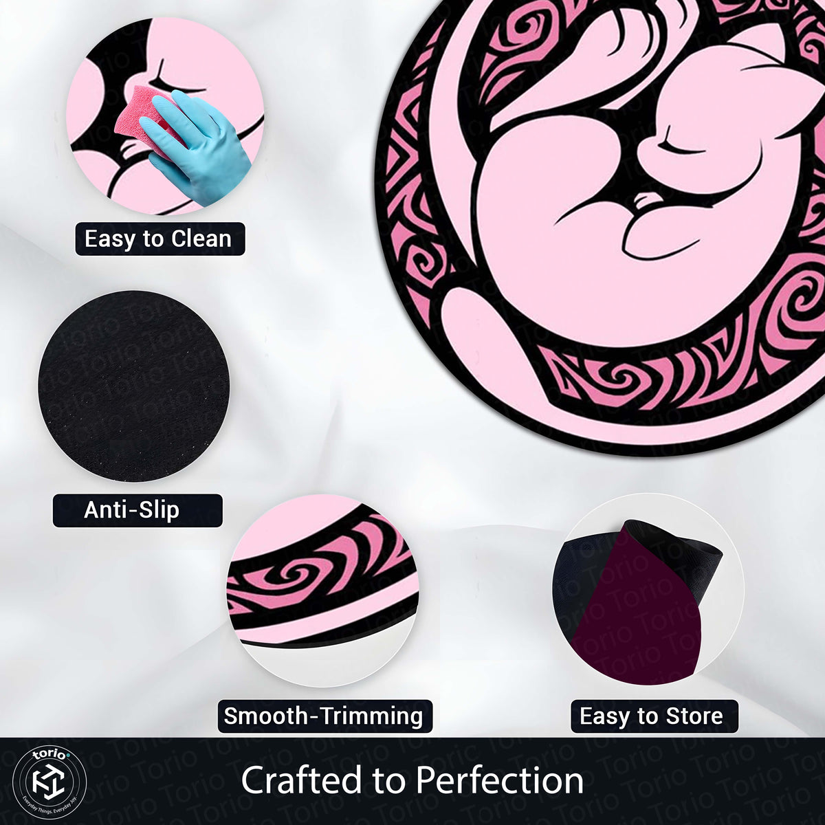Mew Round Flat Rug | Pokémon Pink Anime Floor Mat | Cute Anti-Slip 3 mm Absorbent Circle Flat Rug for Bedroom, Gaming Room & Pokémon Fans