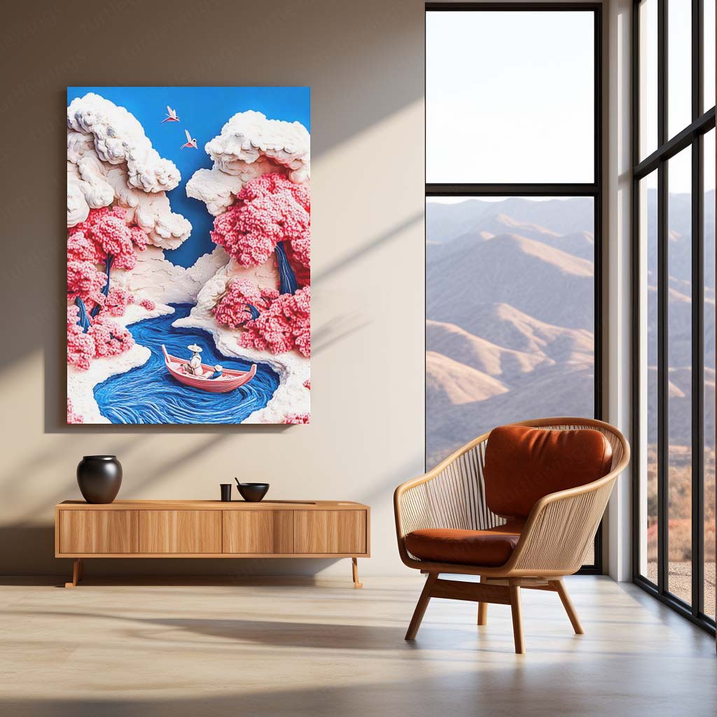 Milky River – Dreamy Cherry Blossom Landscape Artwork | Fantasy Nature Metal Frame Poster