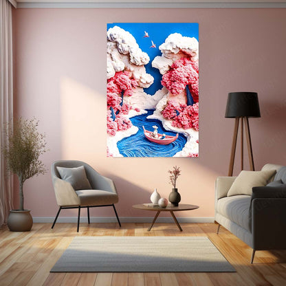 Milky River – Dreamy Cherry Blossom Landscape Artwork | Fantasy Nature Metal Frame Poster