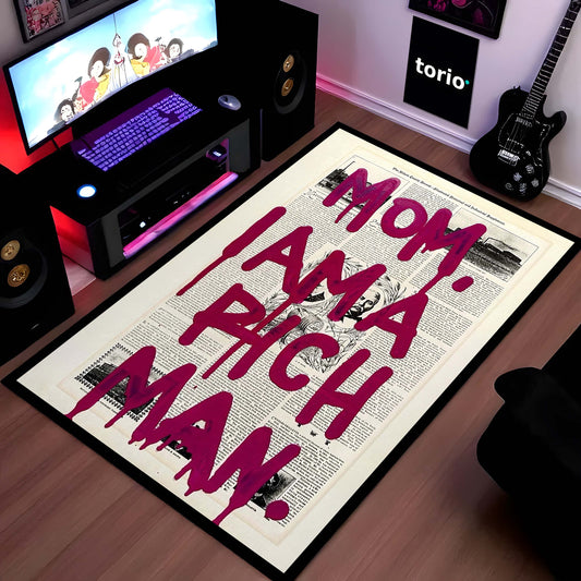 "Mom, I Am a Rich Man" Empowerment Area Flat Rug | Cher Motivational Quote Floor Mat | Bold Typography Decor for Modern Home Office, Bedroom & Chic Workspace