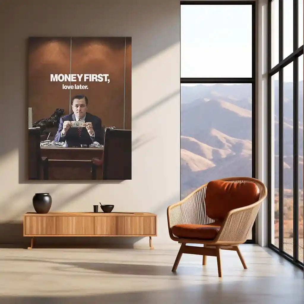 Quote Metal Poster | Leonardo DiCaprio – Money First, Love Later Metal Frame Wealth Discipline & Priority Mindset Wall Art | Power, Focus & Modern Hustler Quote Metal Poster - TURTLEWINGS 