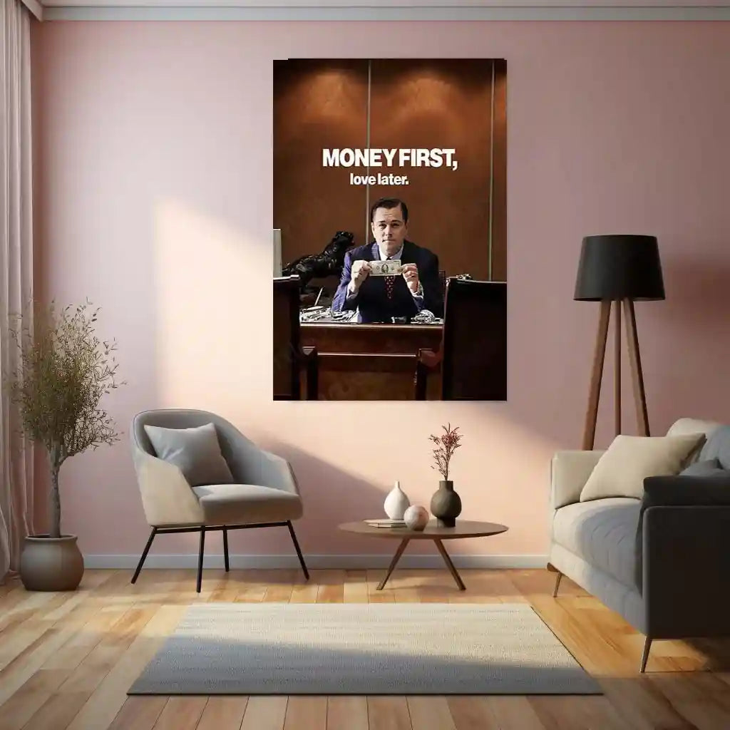 Quote Metal Poster | Leonardo DiCaprio – Money First, Love Later Metal Frame Wealth Discipline & Priority Mindset Wall Art | Power, Focus & Modern Hustler Quote Metal Poster - TURTLEWINGS 