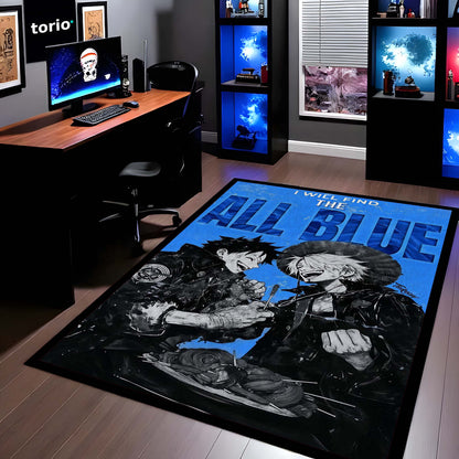 Anime Duo Area Flat Rug | Luffy Sanji Inspired Floor Mat | One Piece Blue Theme Flat Rug | Pirate Anime Carpet for Gaming Room, Bedroom & Otaku Decor