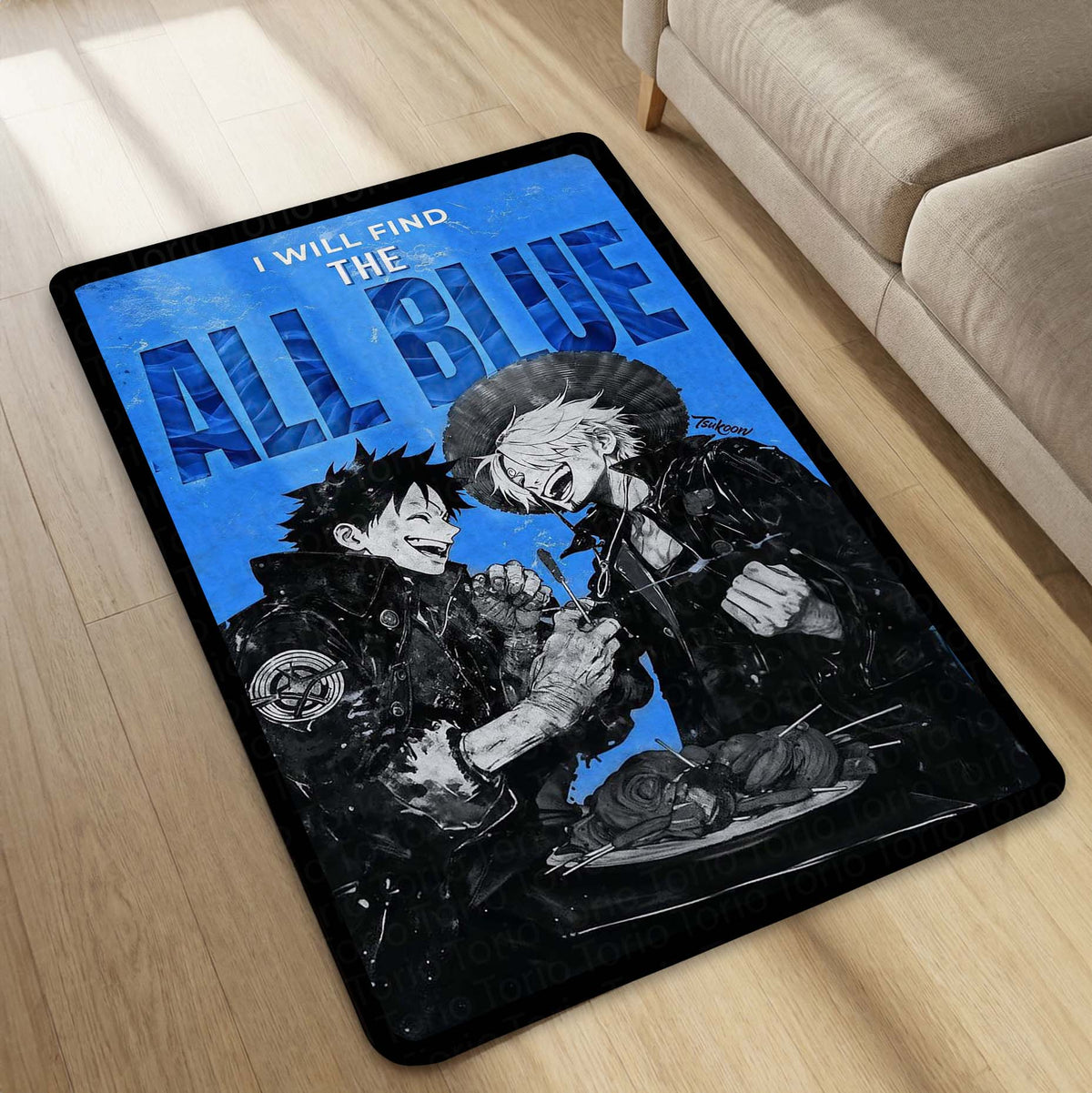 Anime Duo Area Flat Rug | Luffy Sanji Inspired Floor Mat | One Piece Blue Theme Flat Rug | Pirate Anime Carpet for Gaming Room, Bedroom & Otaku Decor