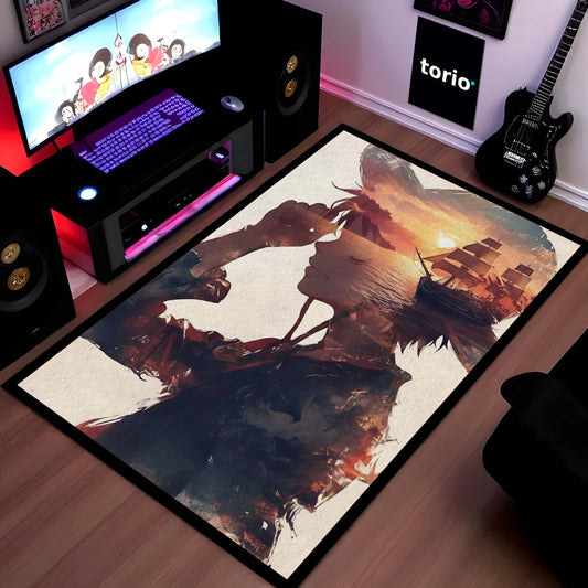 Monkey D Luffy Anime Area Flat Rug | One Piece Sunset Art Floor Mat | Straw Hat Pirate Aesthetic Flat Rug for Bedroom, Gaming Room & Otaku Decor