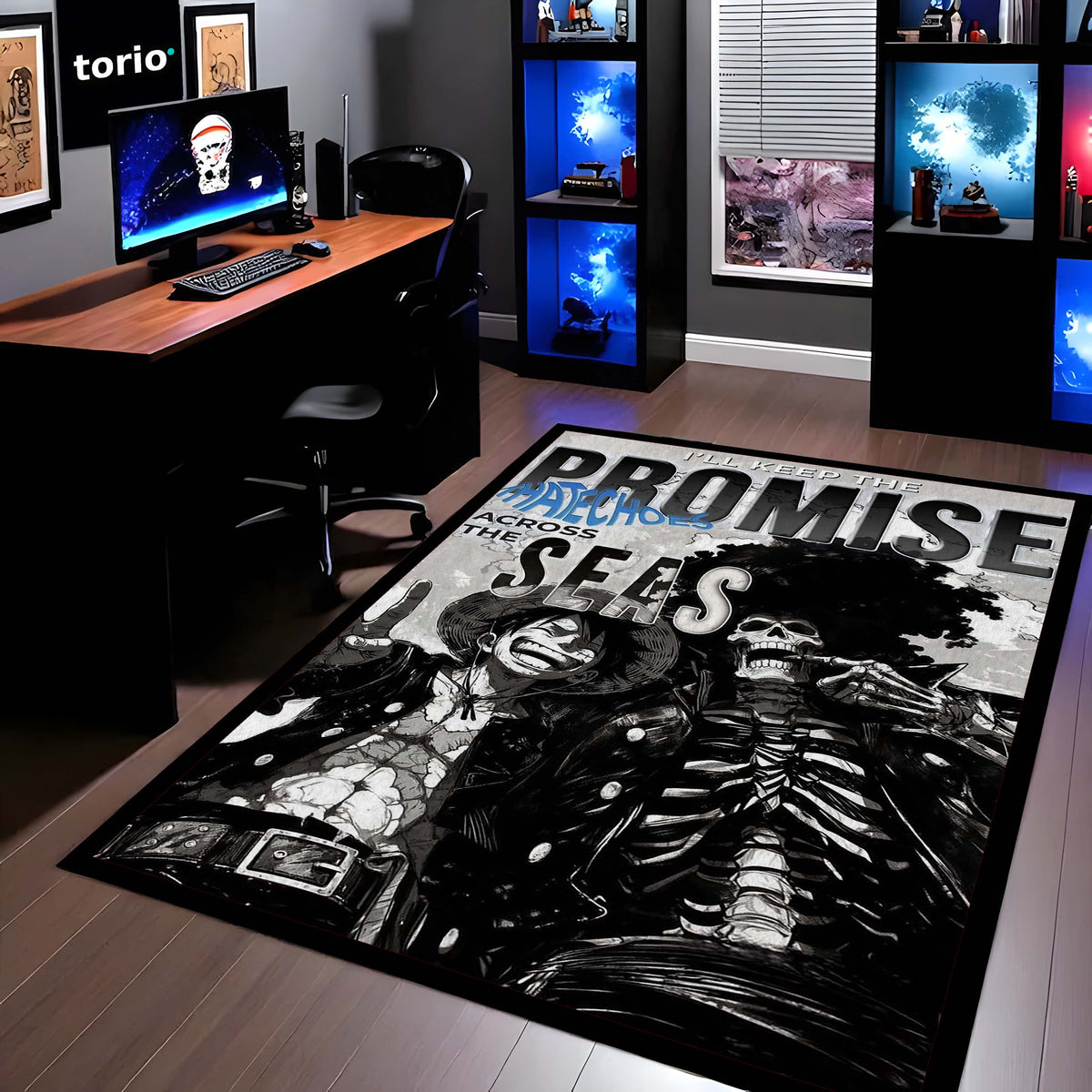 Anime Pirate Area Flat Rug | Luffy Brook Inspired Floor Mat | One Piece Promise Across Seas Flat Rug | Anime Carpet for Gaming Room, Bedroom & Otaku Decor
