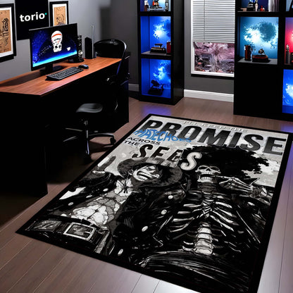 Anime Pirate Area Flat Rug | Luffy Brook Inspired Floor Mat | One Piece Promise Across Seas Flat Rug | Anime Carpet for Gaming Room, Bedroom & Otaku Decor