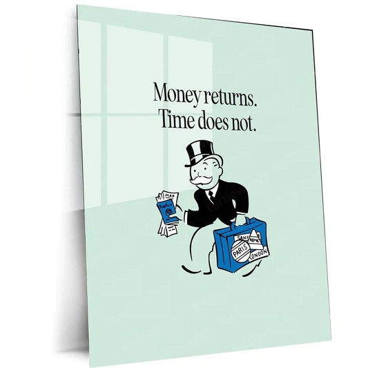 Quote Metal Poster | Mr. Monopoly – “Money returns. Time does not.” Quote | Minimal Finance Motivation Metal Frame Wall Art - TURTLEWINGS
