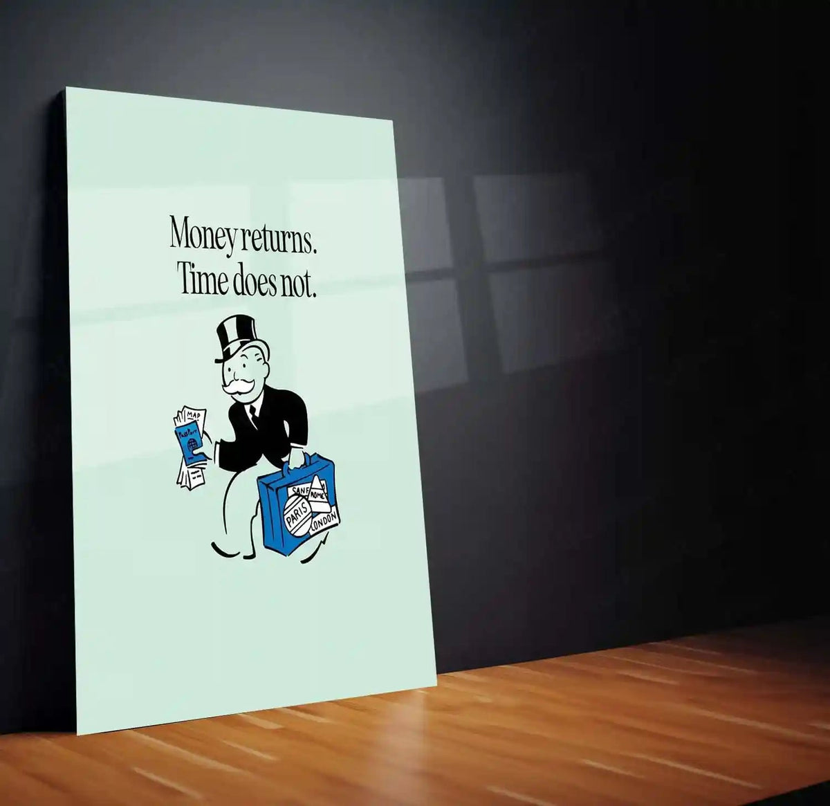 Quote Metal Poster | Mr. Monopoly – “Money returns. Time does not.” Quote | Minimal Finance Motivation Metal Frame Wall Art - TURTLEWINGS