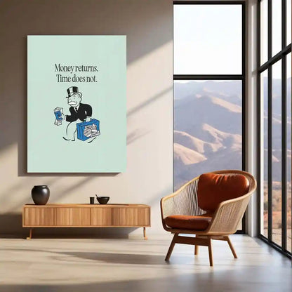 Quote Metal Poster | Mr. Monopoly – “Money returns. Time does not.” Quote | Minimal Finance Motivation Metal Frame Wall Art - TURTLEWINGS