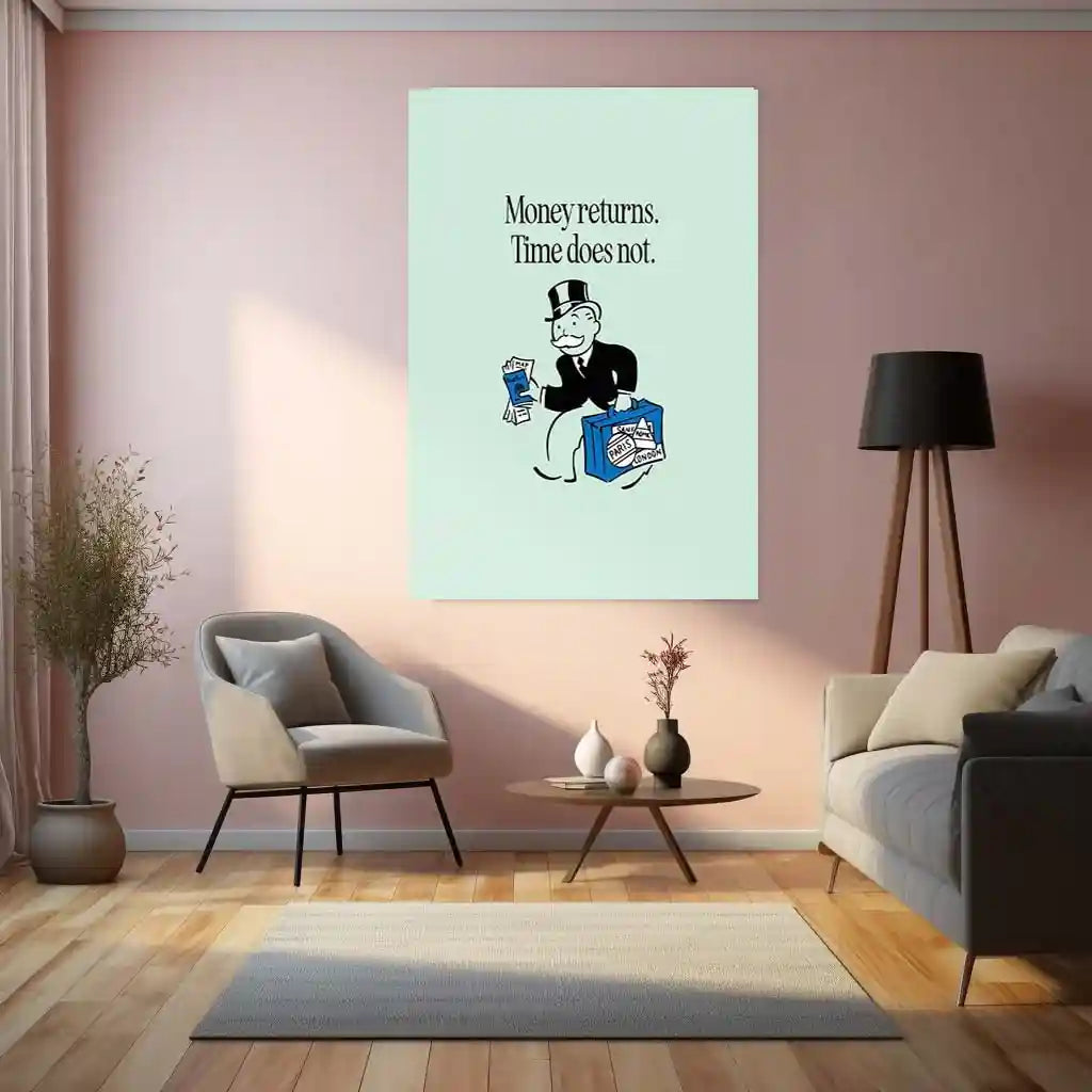 Quote Metal Poster | Mr. Monopoly – “Money returns. Time does not.” Quote | Minimal Finance Motivation Metal Frame Wall Art - TURTLEWINGS