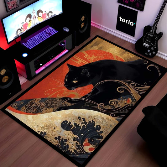 Black Cat Japanese Art Area Flat Rug | Aesthetic Animal Floor Mat | Koi Wave Style Flat Rug | Modern Decorative Carpet for Bedroom, Living Room & Gaming Setup