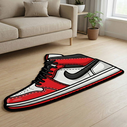 Air Jordan 1 Sneaker Art Floor Mat (3 mm Thick) | Iconic Red White High-Top Shoe Flat Rug for Bedroom, Sneaker Room & Streetwear Home Decor