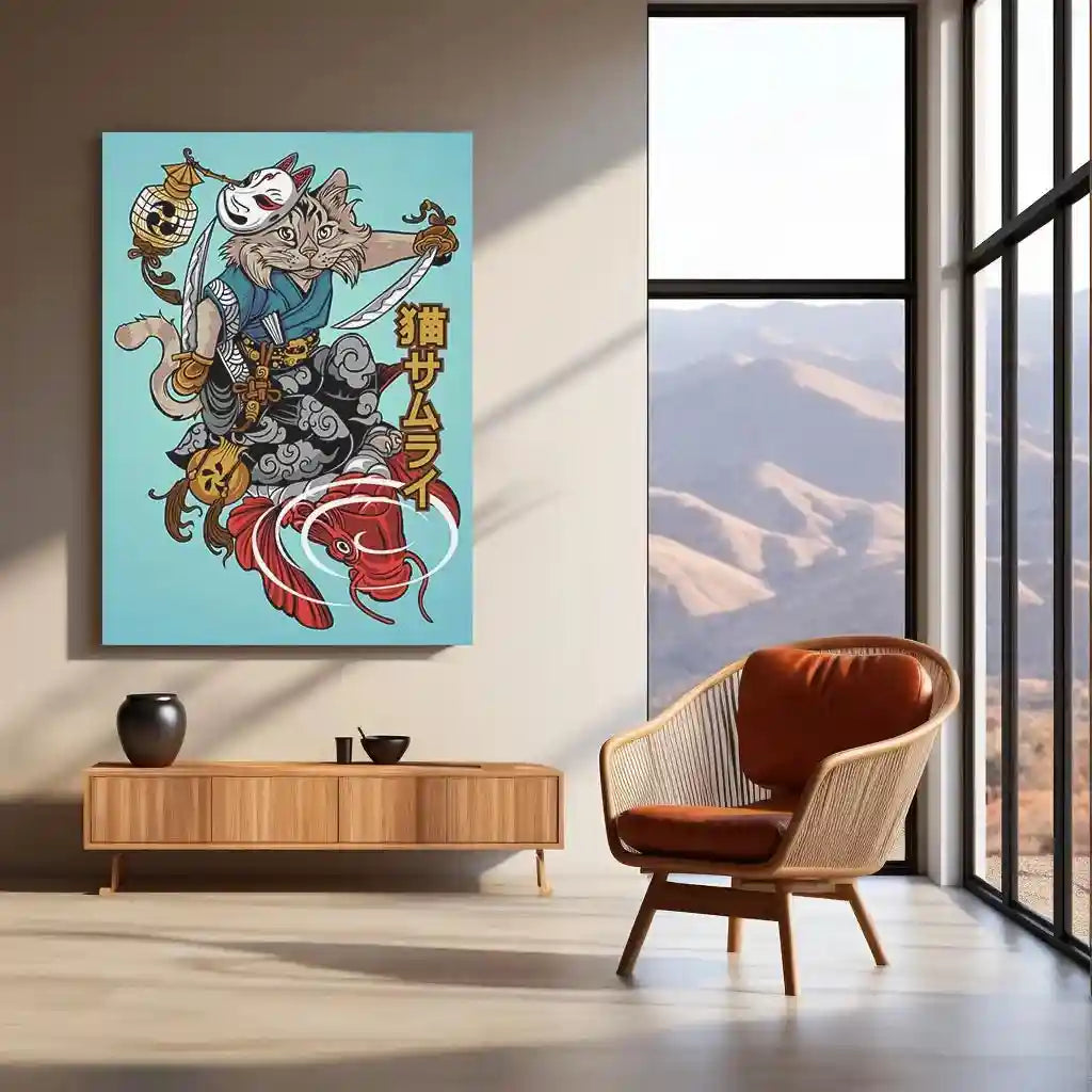Anime Metal Poster | Nekoma Samurai Metal Poster | Feline Warrior Wall Art | Japanese Anime-Inspired Decor - TURTLEWINGS