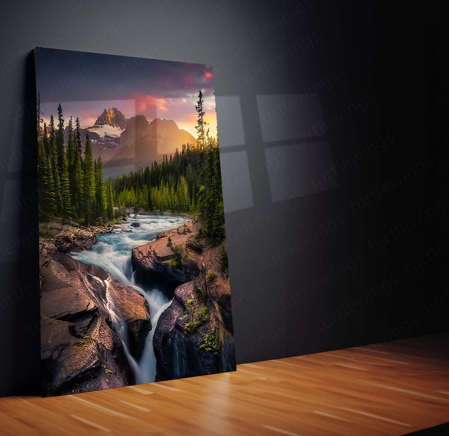Mountain River Sunset Metal Poster | Scenic Nature Landscape Wall Art  Premium Wilderness & Nature-Inspired Metal Frame by TurtleWings