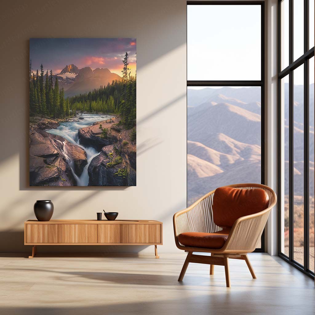 Mountain River Sunset Metal Poster | Scenic Nature Landscape Wall Art  Premium Wilderness & Nature-Inspired Metal Frame by TurtleWings
