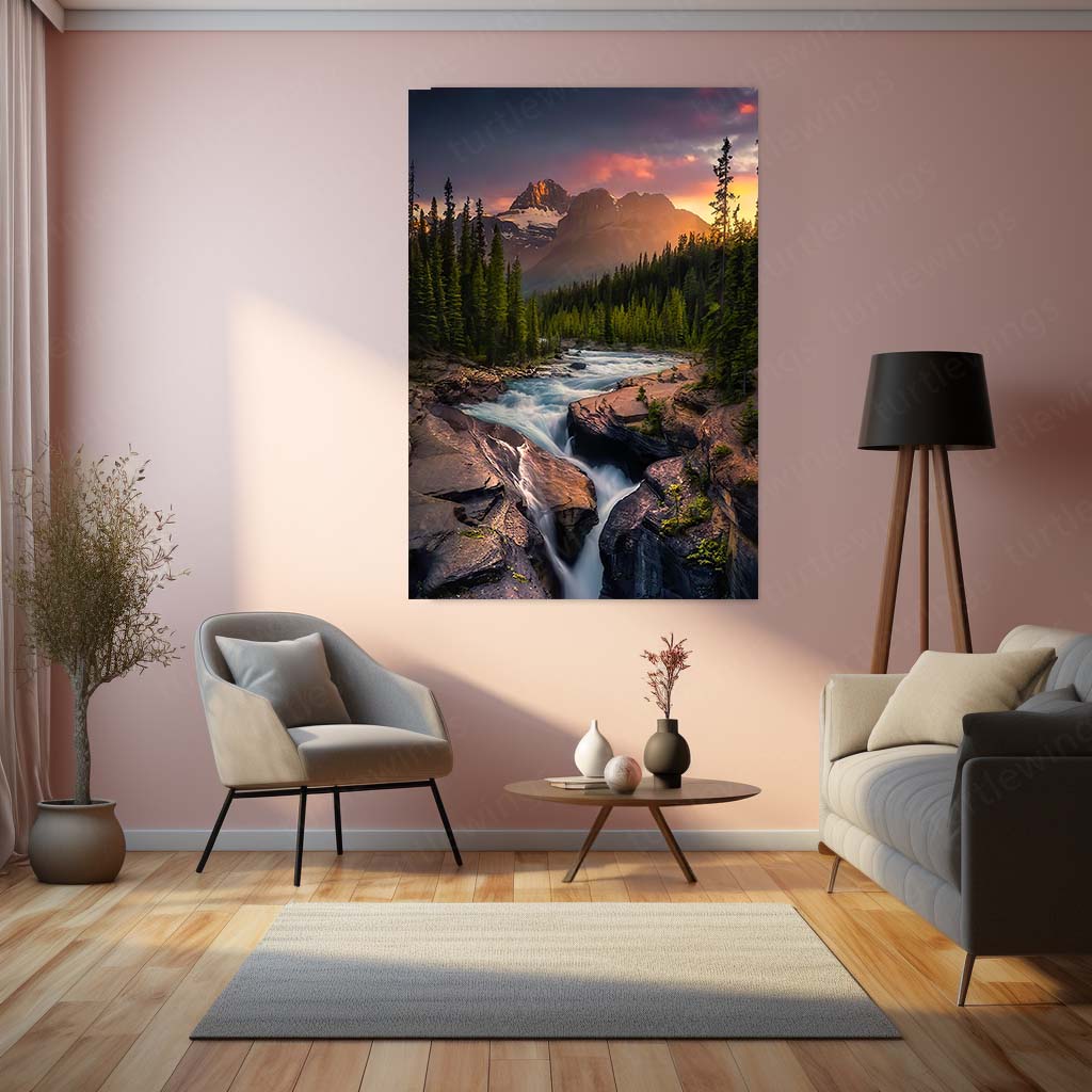 Mountain River Sunset Metal Poster | Scenic Nature Landscape Wall Art  Premium Wilderness & Nature-Inspired Metal Frame by TurtleWings