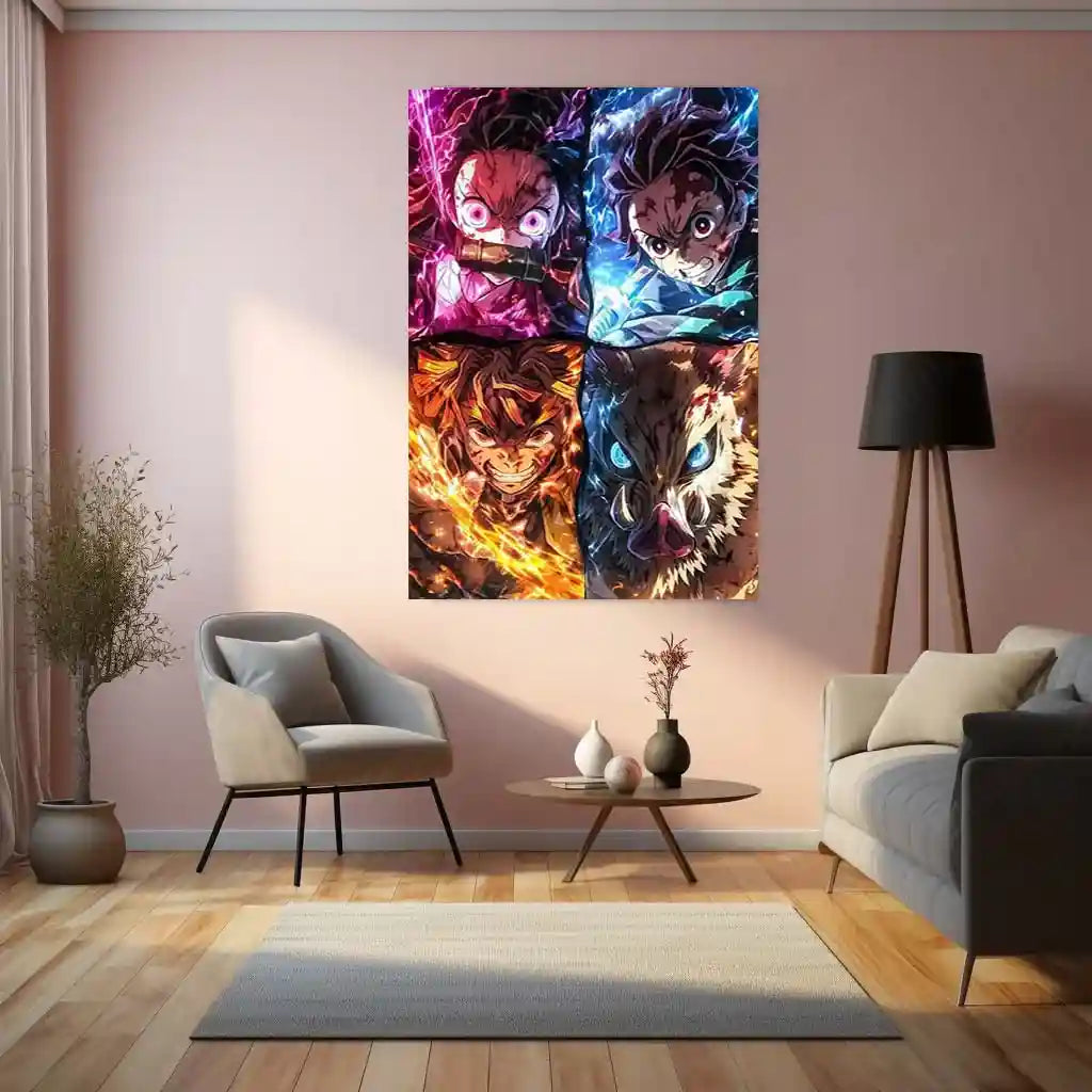 Demon Slayer Team Metal Poster – Tanjiro, Nezuko, Zenitsu & Inosuke Wall Frame (A0 Edition) - TURTLEWINGS 
