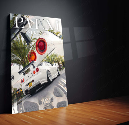 Car Metal Poster | Nissan GTR R34 – Palm Springs Edition | JDM Supercar Metal Frame | Automotive Wall Art