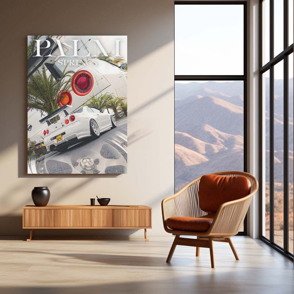 Car Metal Poster | Nissan GTR R34 – Palm Springs Edition | JDM Supercar Metal Frame | Automotive Wall Art