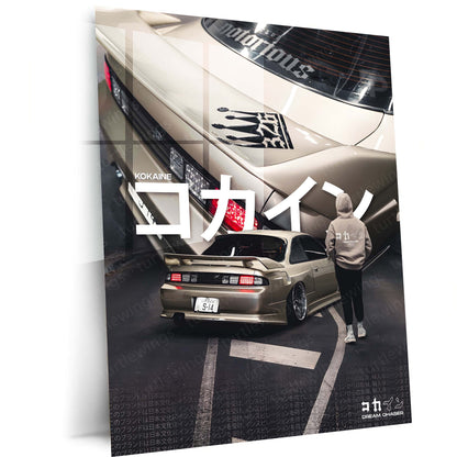 Car Metal Poster | Nissan Silvia S14 – Dream Chaser Edition | JDM Night Street Metal Frame | Japanese Car Culture Wall Art