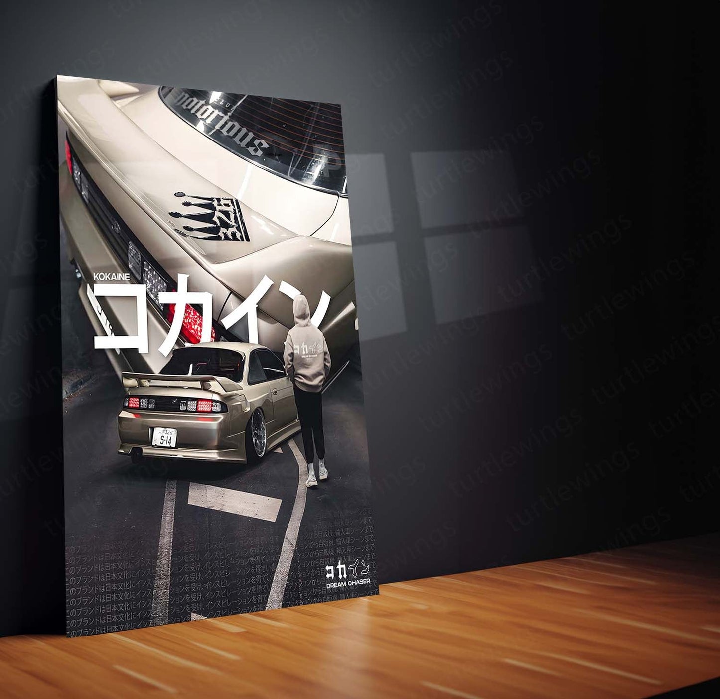 Car Metal Poster | Nissan Silvia S14 – Dream Chaser Edition | JDM Night Street Metal Frame | Japanese Car Culture Wall Art