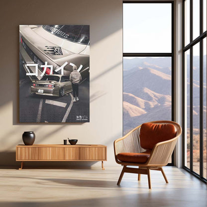 Car Metal Poster | Nissan Silvia S14 – Dream Chaser Edition | JDM Night Street Metal Frame | Japanese Car Culture Wall Art