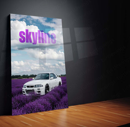 Nissan Skyline GT-R R33 in Lavender Fields Metal Poster | JDM Skyline Wall Art | Premium Car Print