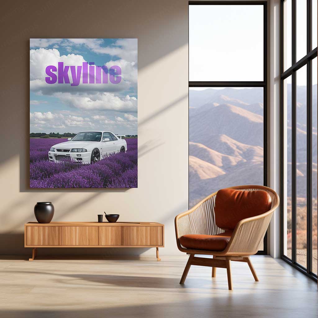 Nissan Skyline GT-R R33 in Lavender Fields Metal Poster | JDM Skyline Wall Art | Premium Car Print