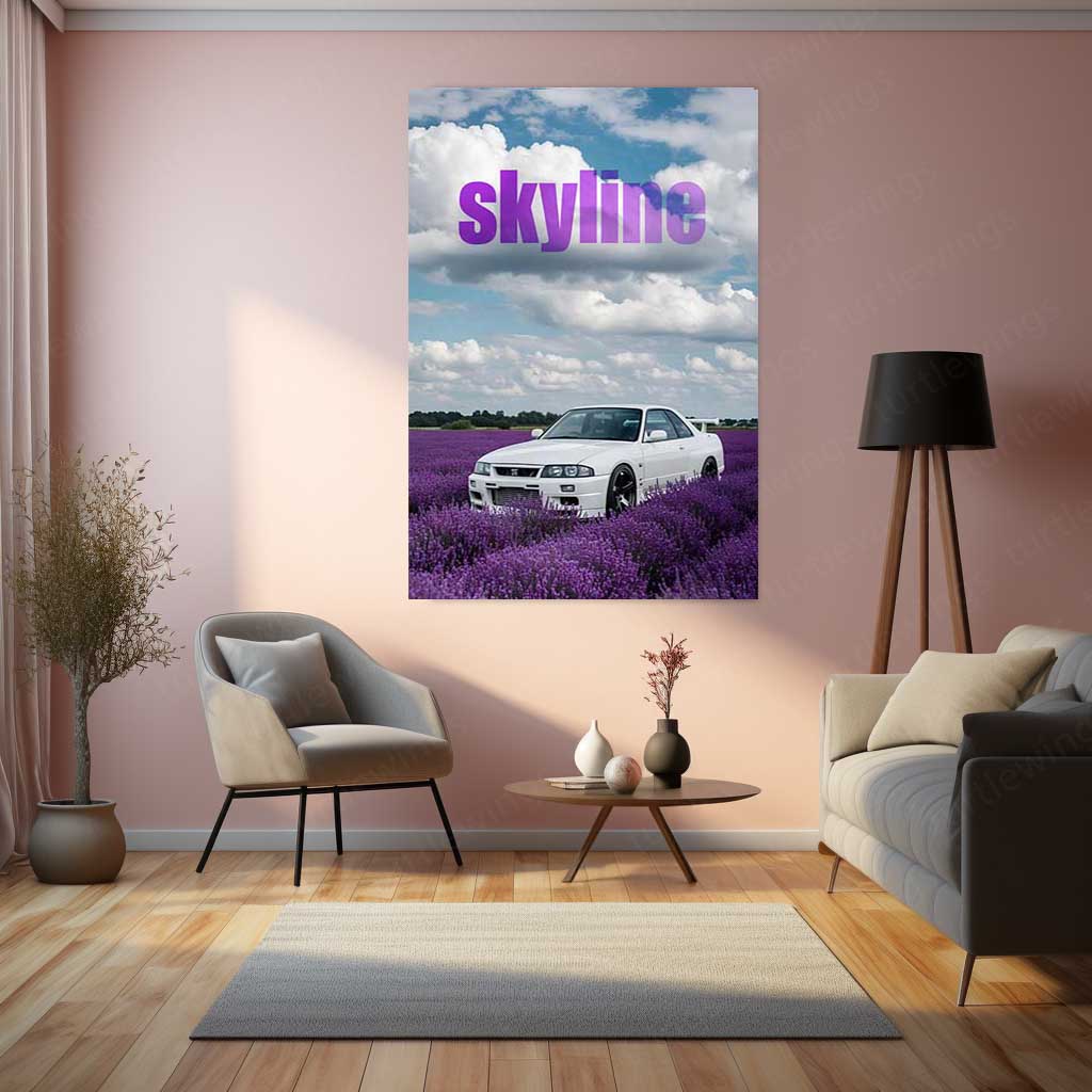 Nissan Skyline GT-R R33 in Lavender Fields Metal Poster | JDM Skyline Wall Art | Premium Car Print