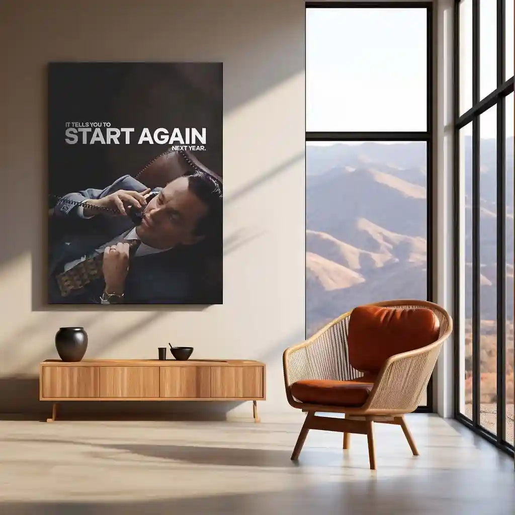 Quote Metal Poster | Leonardo DiCaprio – Start Again (Next Year) Metal Frame Dark Hustle Humor, Ruthless Motivation & Elite Discipline Quote Wall Art | Iconic Movie Scene Metal Poster - TURTLEWINGS 