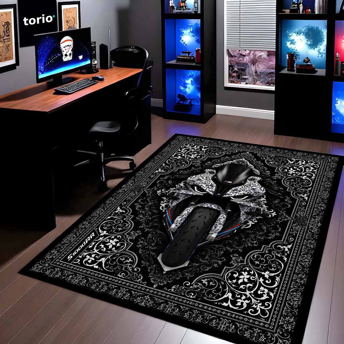 BMW S1000RR Ornate Area Flat Rug | Luxury Superbike Persian Style Flat Rug for Living Room, Gaming Room & Motorcycle Decor