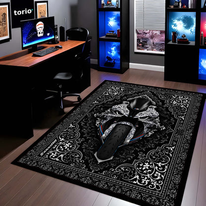 BMW S1000RR Ornate Area Flat Rug | Luxury Superbike Persian Style Flat Rug for Living Room, Gaming Room & Motorcycle Decor