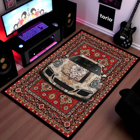 Porsche 911 Carrera Front View Floor Mat | Red Persian Carpet Style Luxury Sports Car Flat Rug | Anti-Slip 3mm Absorbent Performance Car Design Mat for Home, Office & Studio