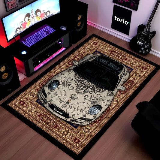 Porsche 911 Classic Front View Floor Mat | Vintage Damask Persian Carpet Style Luxury Sports Car Flat Rug | Anti-Slip 3mm Absorbent Car Design Mat