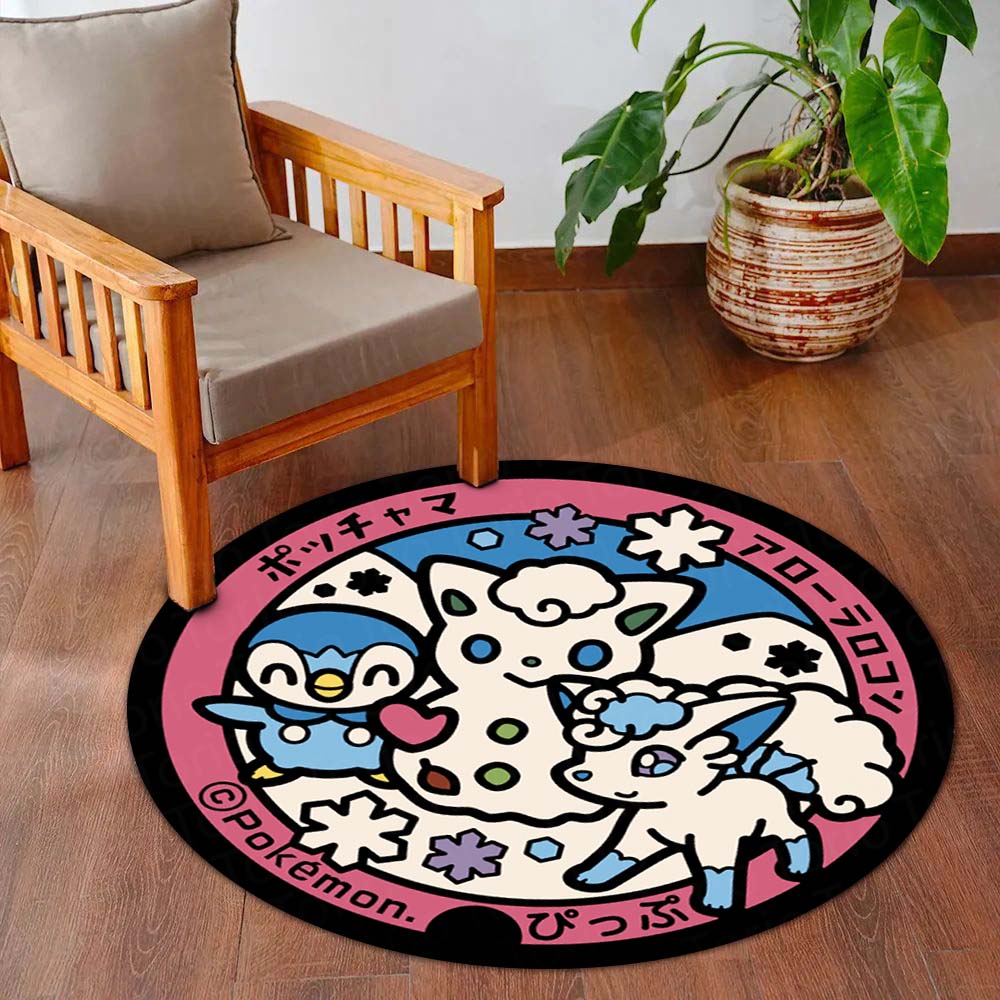 Cute Pokémon Friends Round Flat Rug | Piplup, Alolan Vulpix & Spinda Anime Floor Mat | Anti-Slip 3 mm Absorbent Circle Flat Rug for Bedroom & Gaming Room