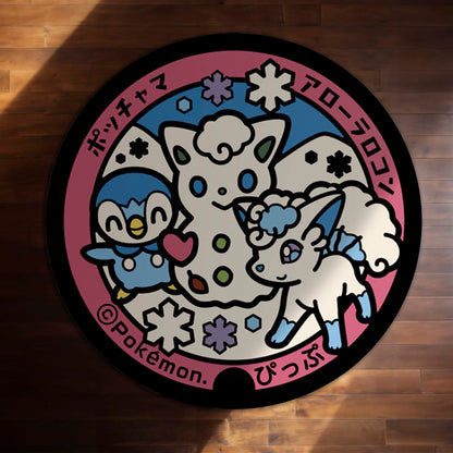Cute Pokémon Friends Round Flat Rug | Piplup, Alolan Vulpix & Spinda Anime Floor Mat | Anti-Slip 3 mm Absorbent Circle Flat Rug for Bedroom & Gaming Room