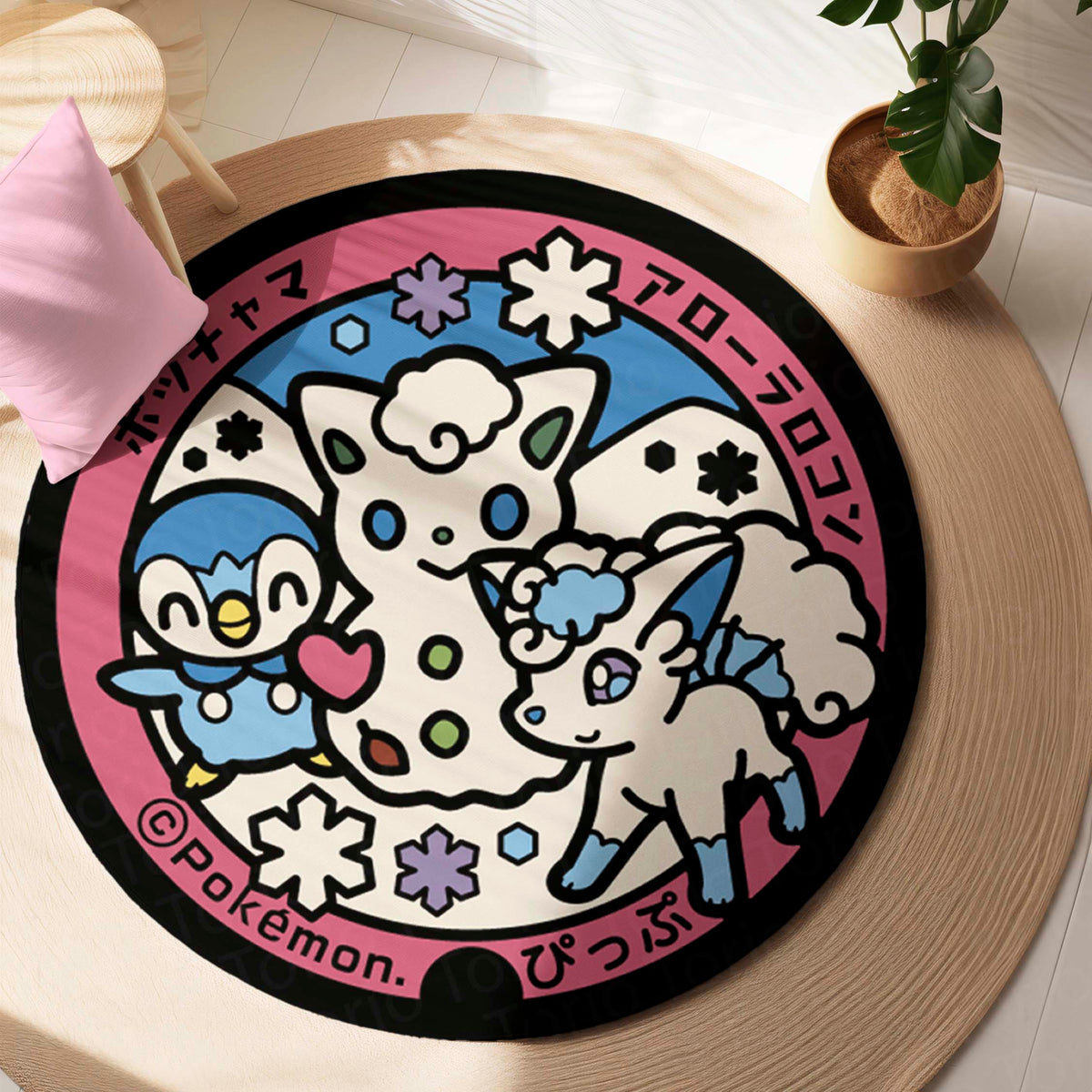 Cute Pokémon Friends Round Flat Rug | Piplup, Alolan Vulpix & Spinda Anime Floor Mat | Anti-Slip 3 mm Absorbent Circle Flat Rug for Bedroom & Gaming Room