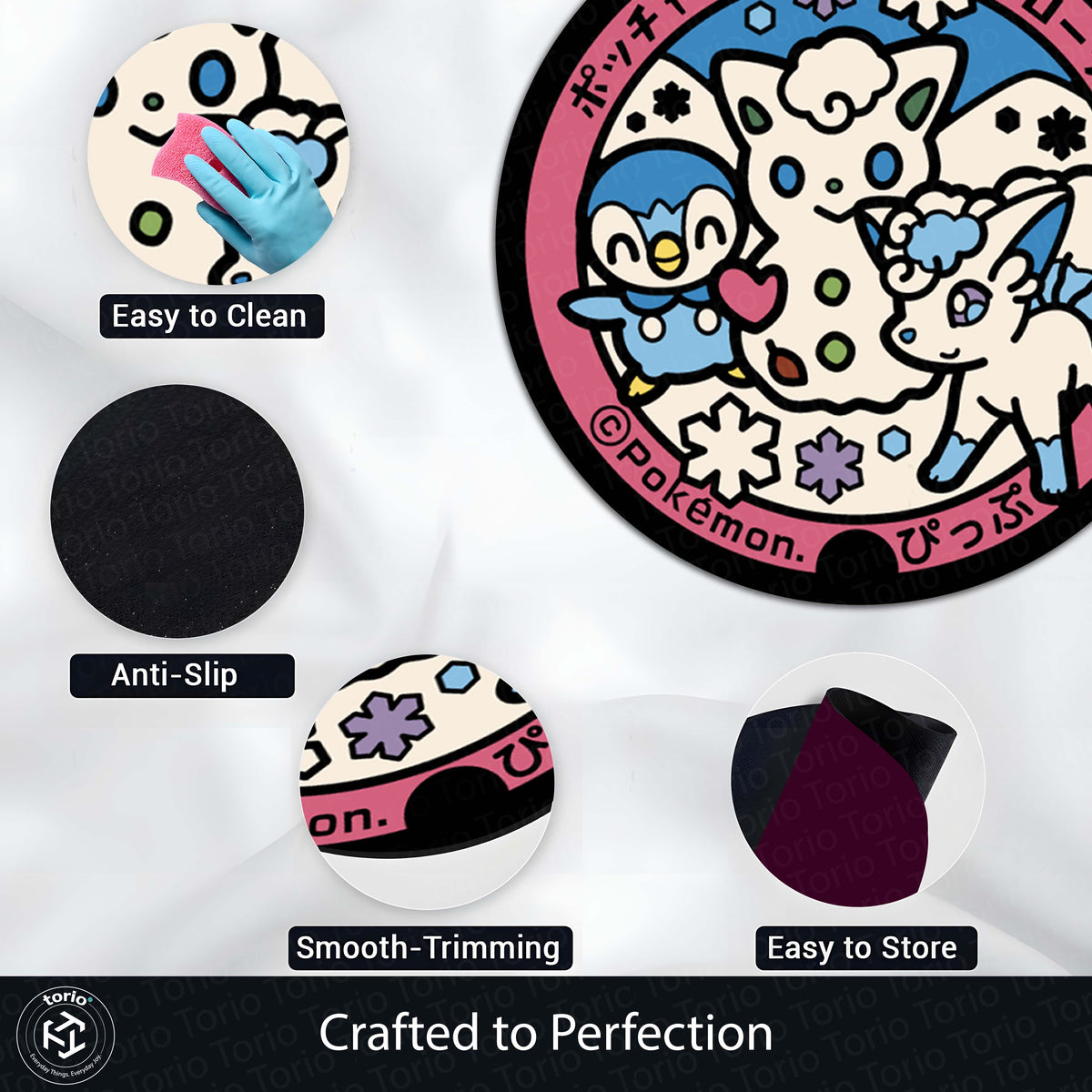 Cute Pokémon Friends Round Flat Rug | Piplup, Alolan Vulpix & Spinda Anime Floor Mat | Anti-Slip 3 mm Absorbent Circle Flat Rug for Bedroom & Gaming Room